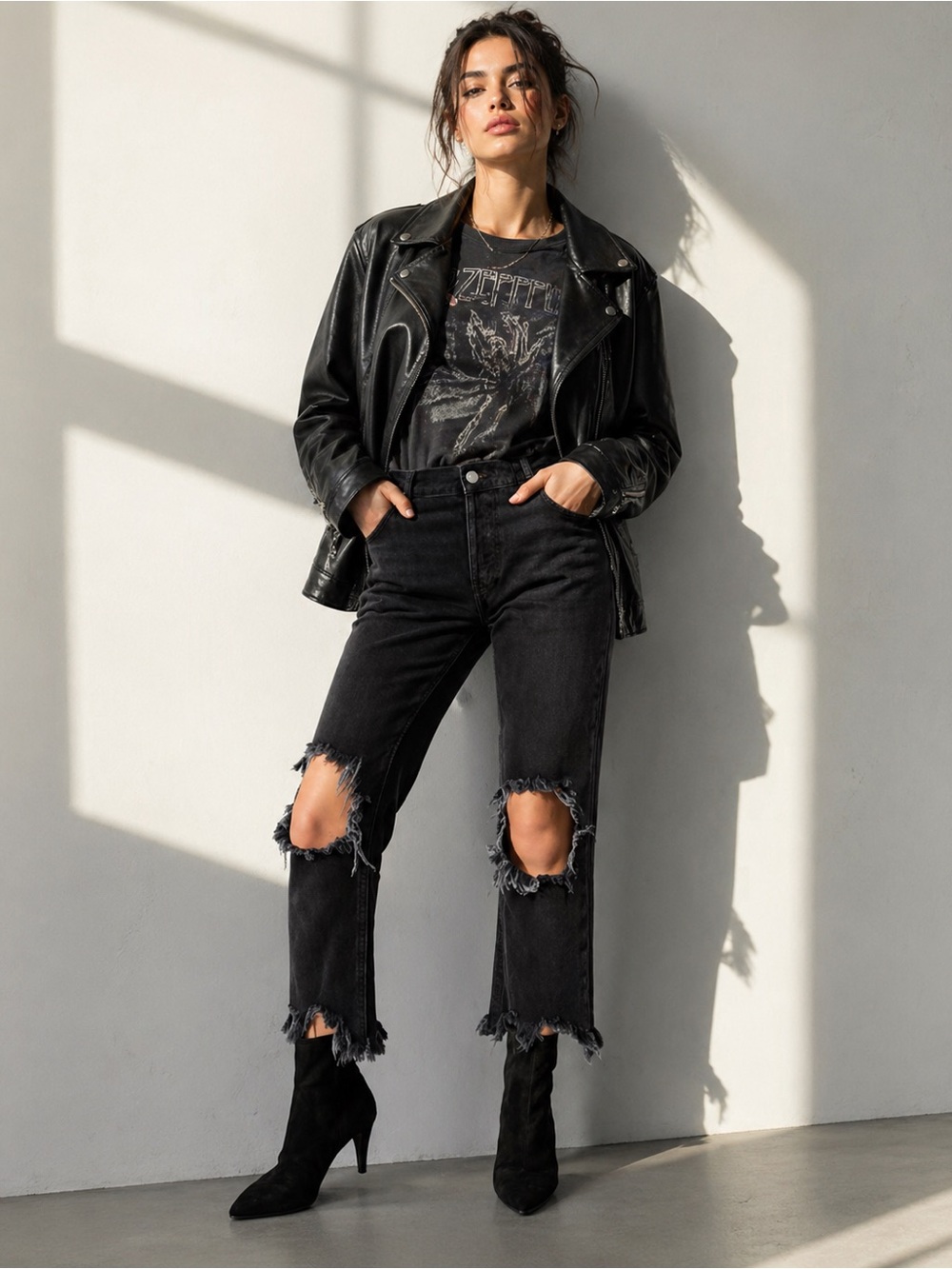 Free People Black Distressed Ankle Cropped Jeans